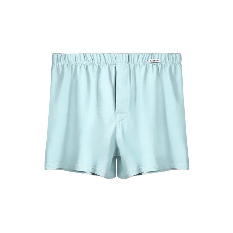 Men's loose-fitting cotton boxer shorts in solid colours: gold, green, sea blue, light grey with mid-waist design