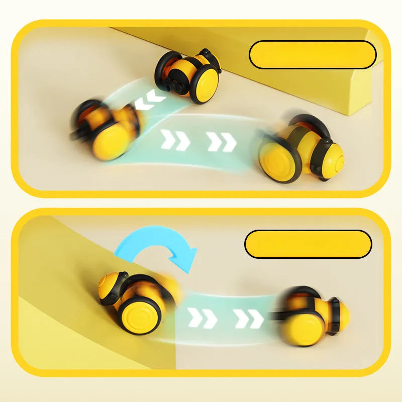 Electric bee-themed cat toy with feather attachments in pink or yellow colour options