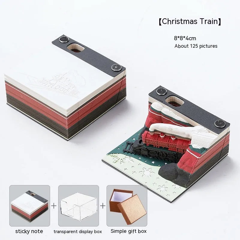 3D sticky notes paper carving pad with Qingshui Temple design and Christmas Train coloured cover