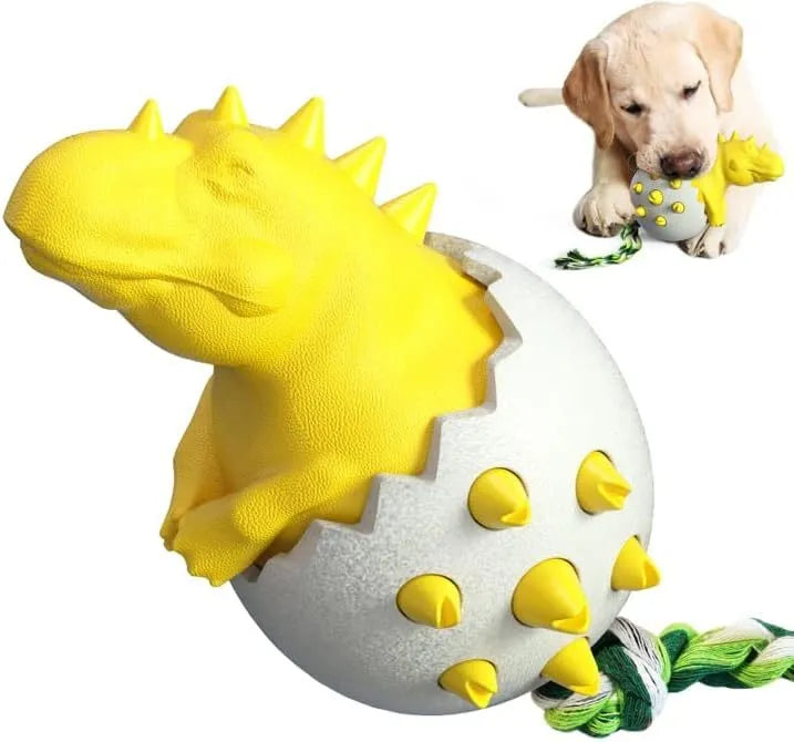 Blue durable dinosaur-shaped dog chew toy with rope for aggressive chewers