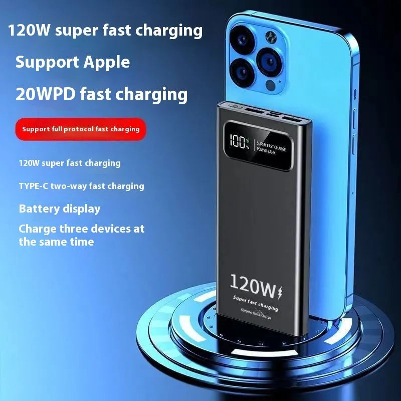 120W 20000 MA super fast charge power bank in cool black, slim plastic case with LED indicator