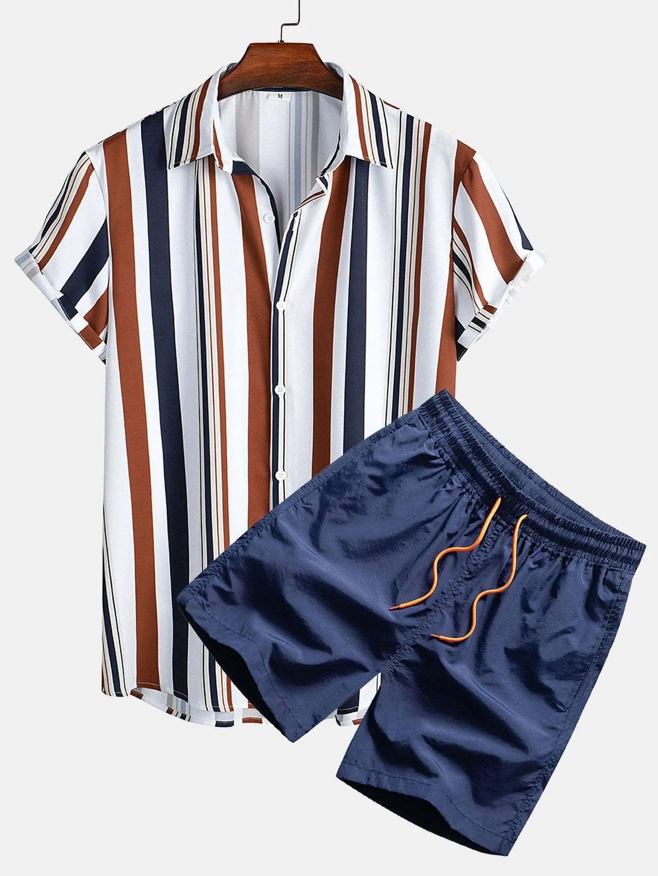 Man wearing a digitally printed short sleeve shirt and matching shorts from a casual polyester suit set.