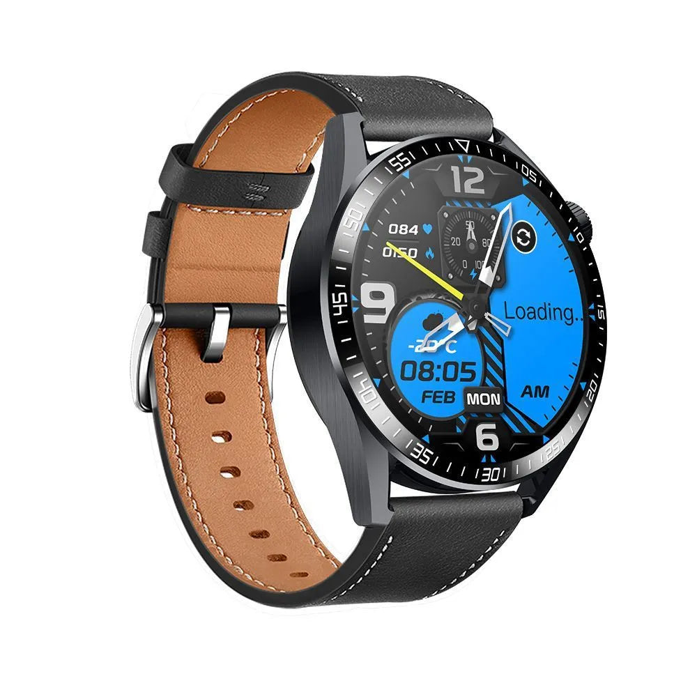 Black smart watch with 1.35 inch screen on a silicone strap, showing health metrics and call interface