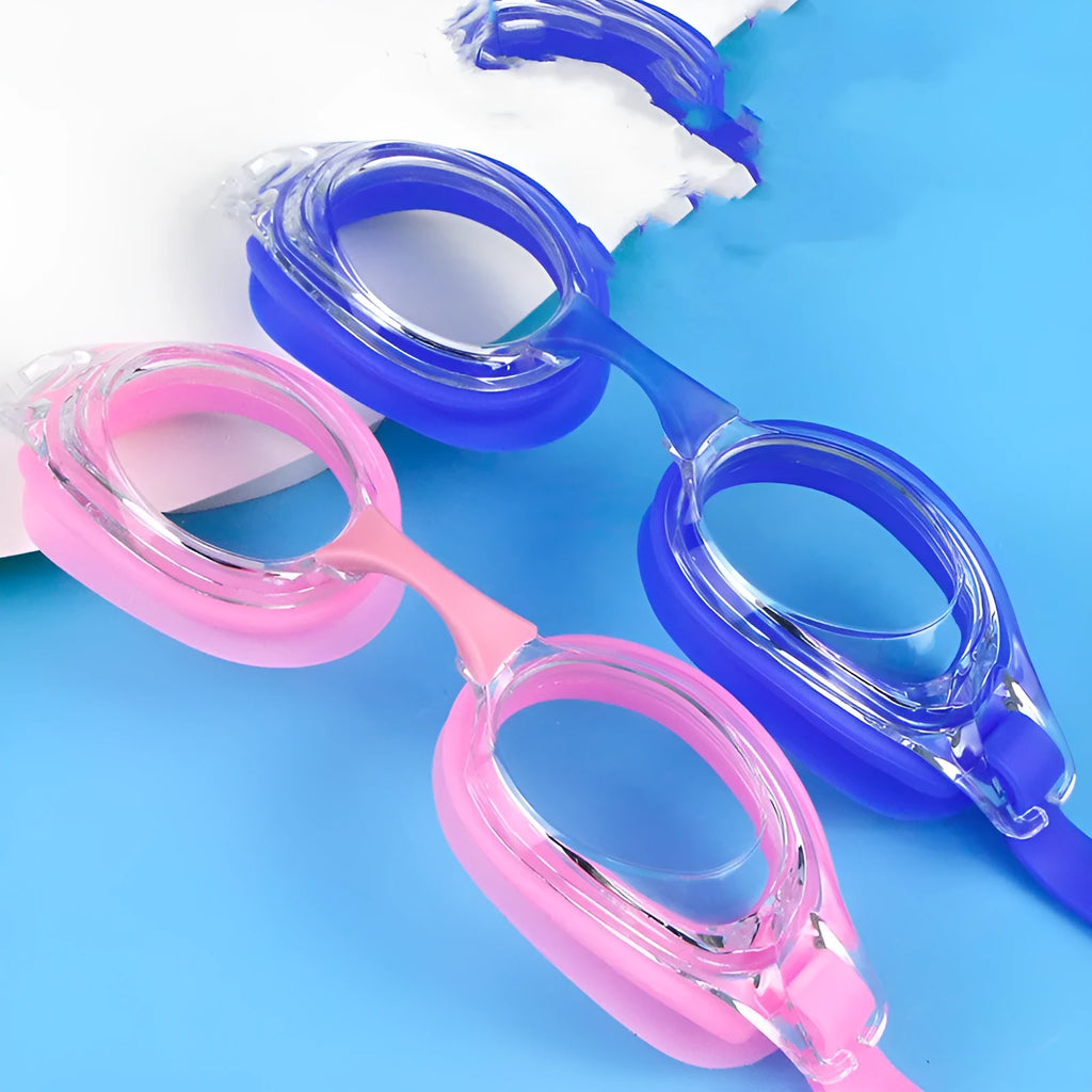 Black prescription swimming goggles for myopia with anti-fog lenses and a matching protective case.