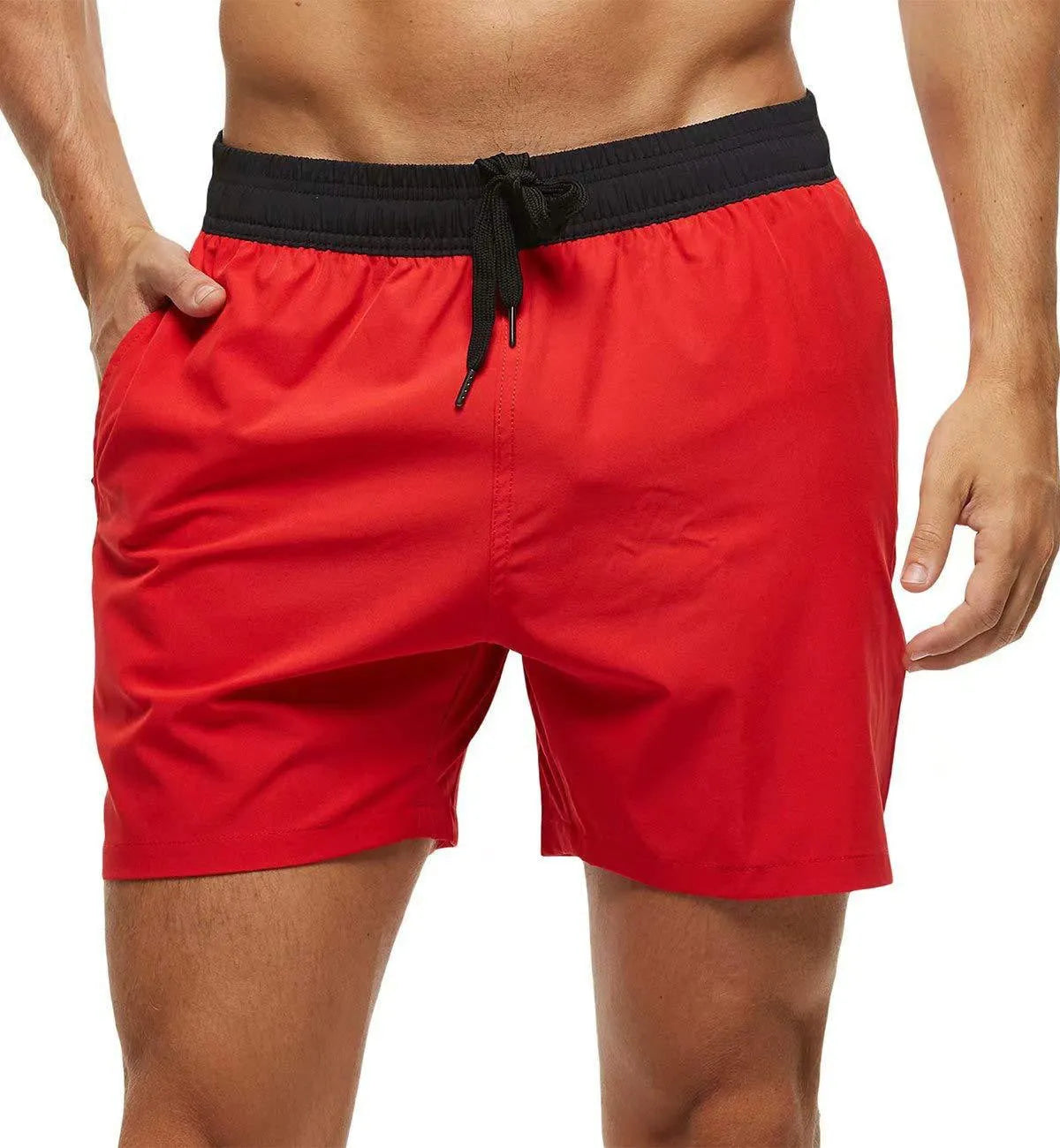 Men's blue athletic shorts with a stitching waistband, drawstring, and side headband pocket.