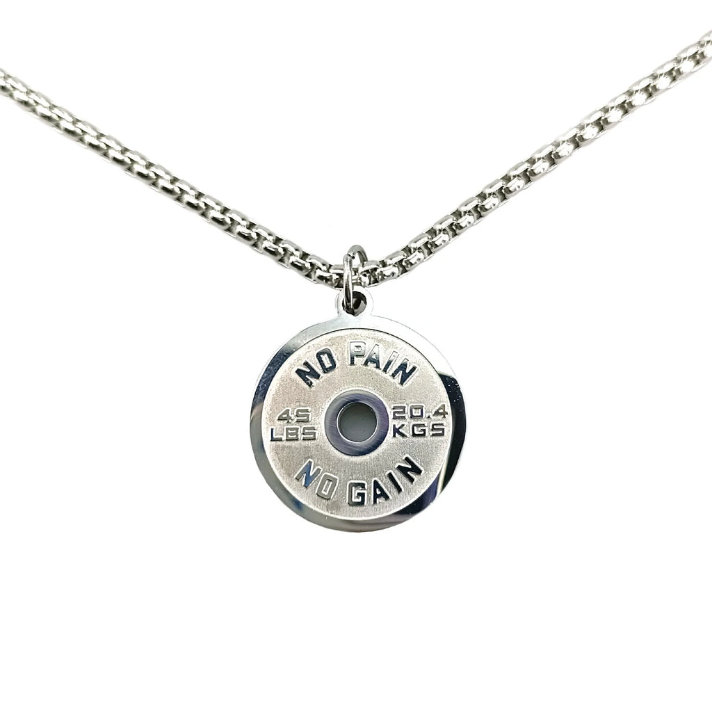 Stainless steel barbell disc pendant necklace with geometric sports design
