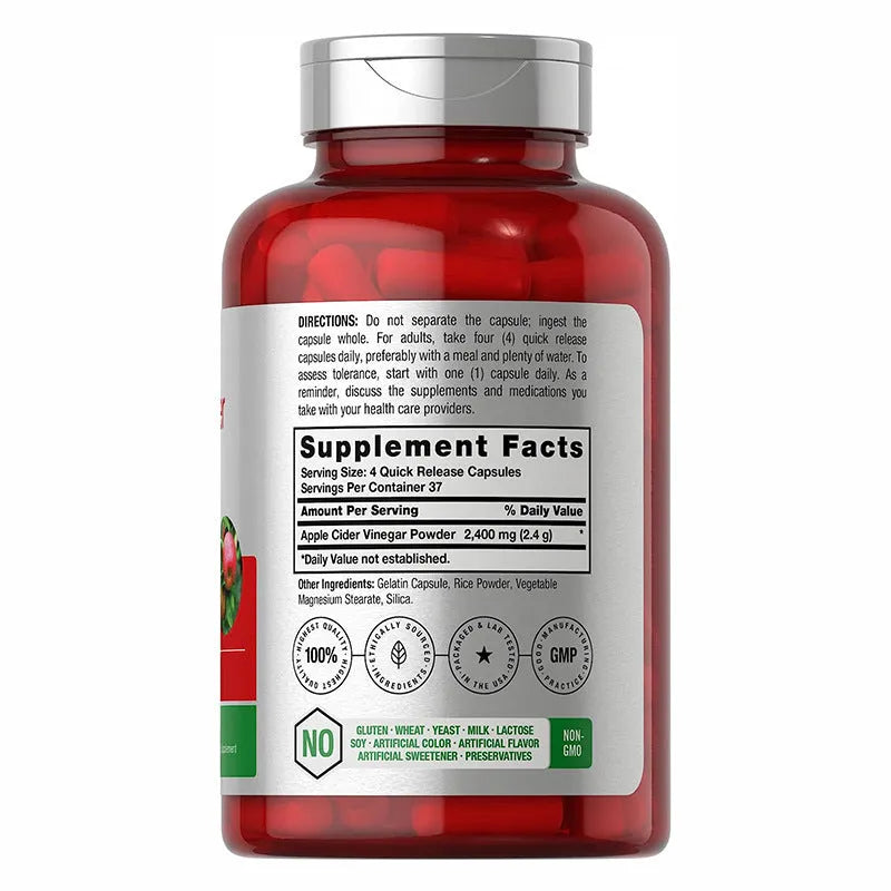 Bottle of apple cider vinegar capsules containing 150 tablets as dietary supplement