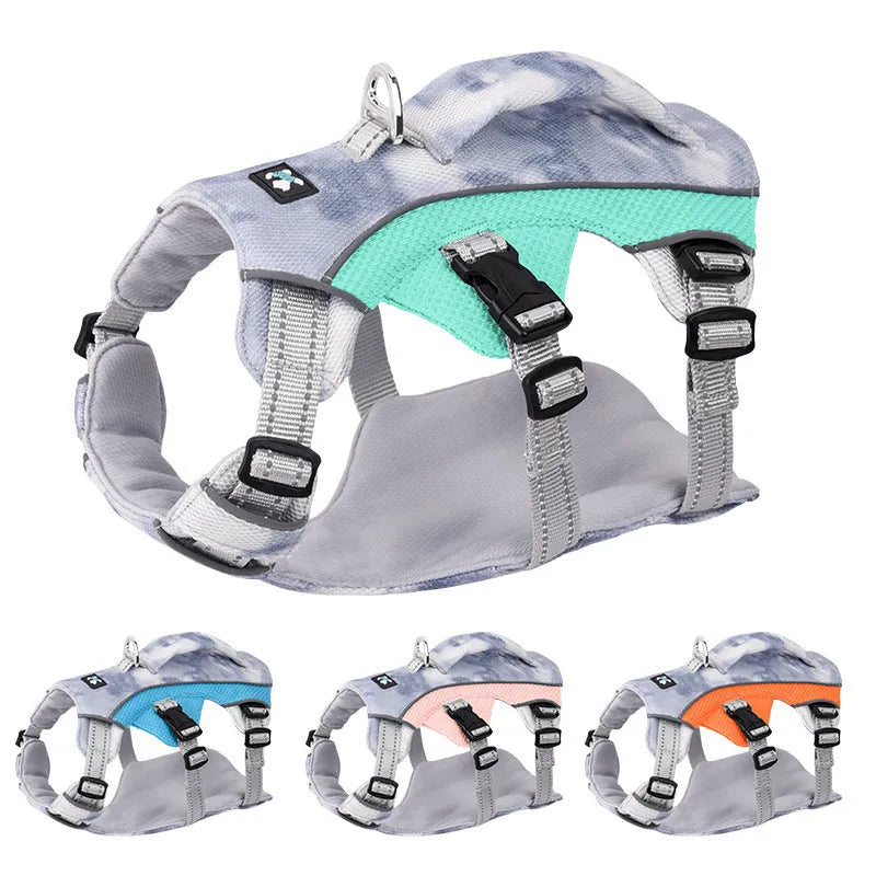 Reflective pet cooling clothes chest strap in light blue, pink, dark blue, and orange colour options