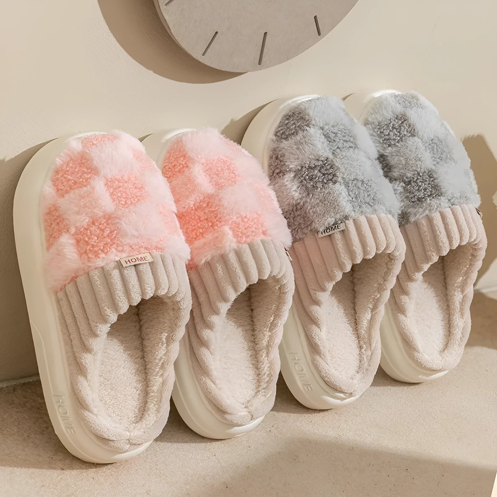 Women's plush indoor slippers in grey with coral velvet upper and flat PVC sole.