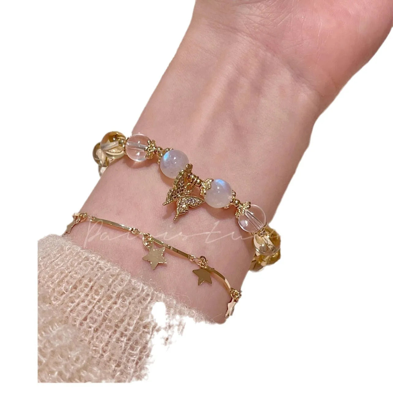 Women's moonstone white crystal beaded bracelet with Chinese style design and citrine butterfly pendant