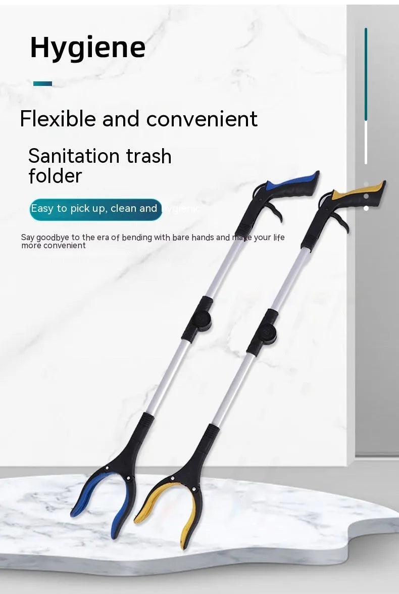 Silver folding aluminium garbage pick-up clamp with magnet and blue handle extended to 80cm.
