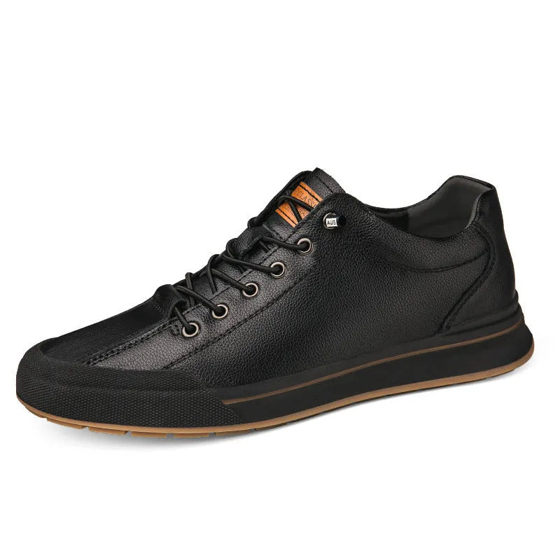 Men's white round toe matte leather casual shoes with flat heel on a plain background.