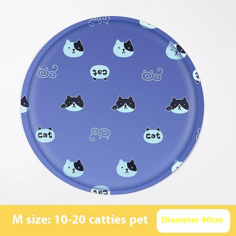 Round pet cooling mat with cartoon design, shown in beige bunny and blue cat patterns.