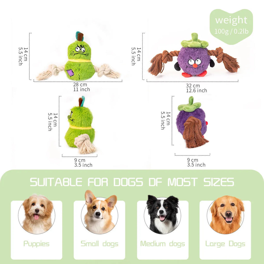 Green and purple interactive dog toy with plush rope knot design for tug of war games