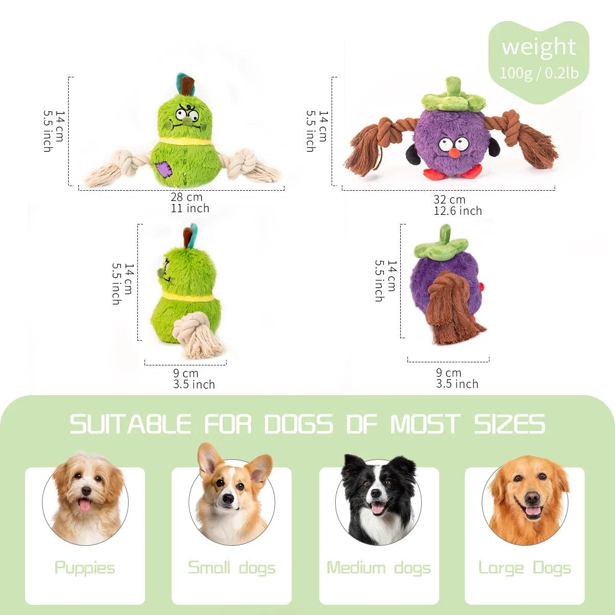 Green and purple interactive dog toy with plush rope knot design for tug of war games