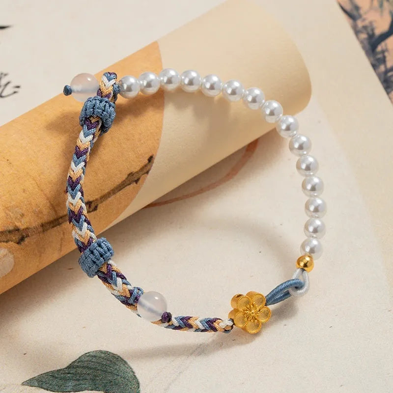 Peach coloured adjustable bracelet with chalcedony beads and Chinese flower weaving in sterling silver