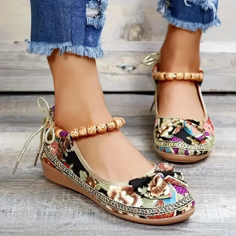 Women's plus size ethnic style platform sandals with cloth upper and elastic band fastening