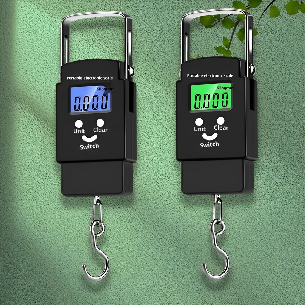 Mini handheld plastic electronic scale with blue backlight display and 50kg capacity, shown in Bohemian style