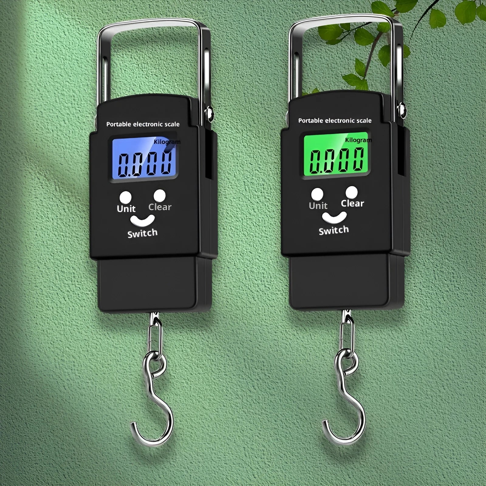 Mini handheld plastic electronic scale with blue backlight display and 50kg capacity, shown in Bohemian style
