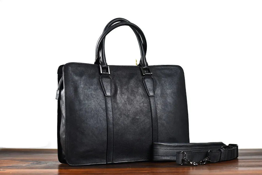 Men's 14-inch horizontal leather business handbag in khaki or black colour