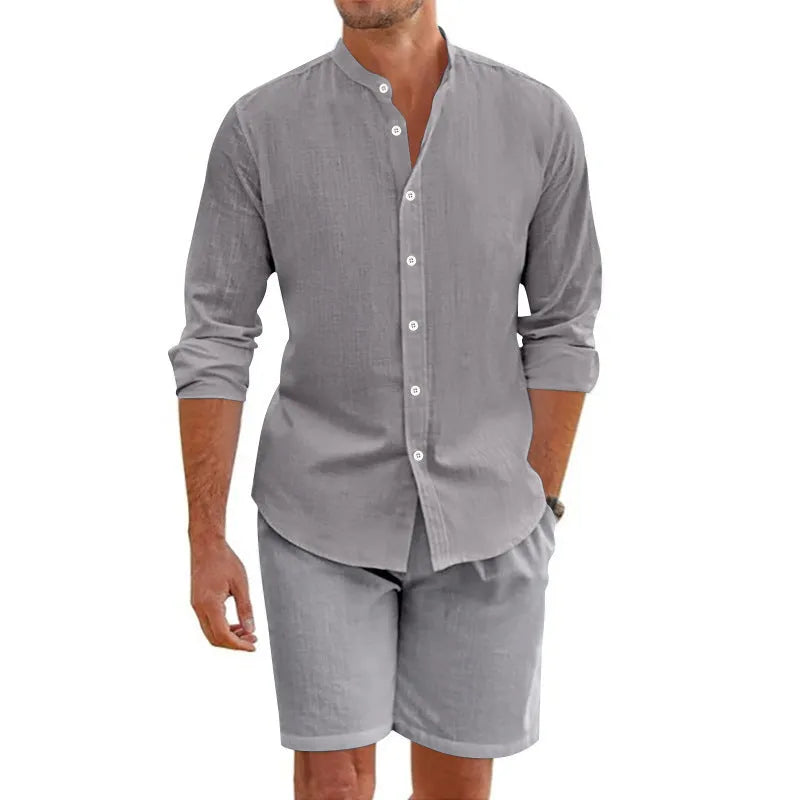 Men's summer short suit with lapel button-down shirt and drawstring shorts in hemp blend fabric