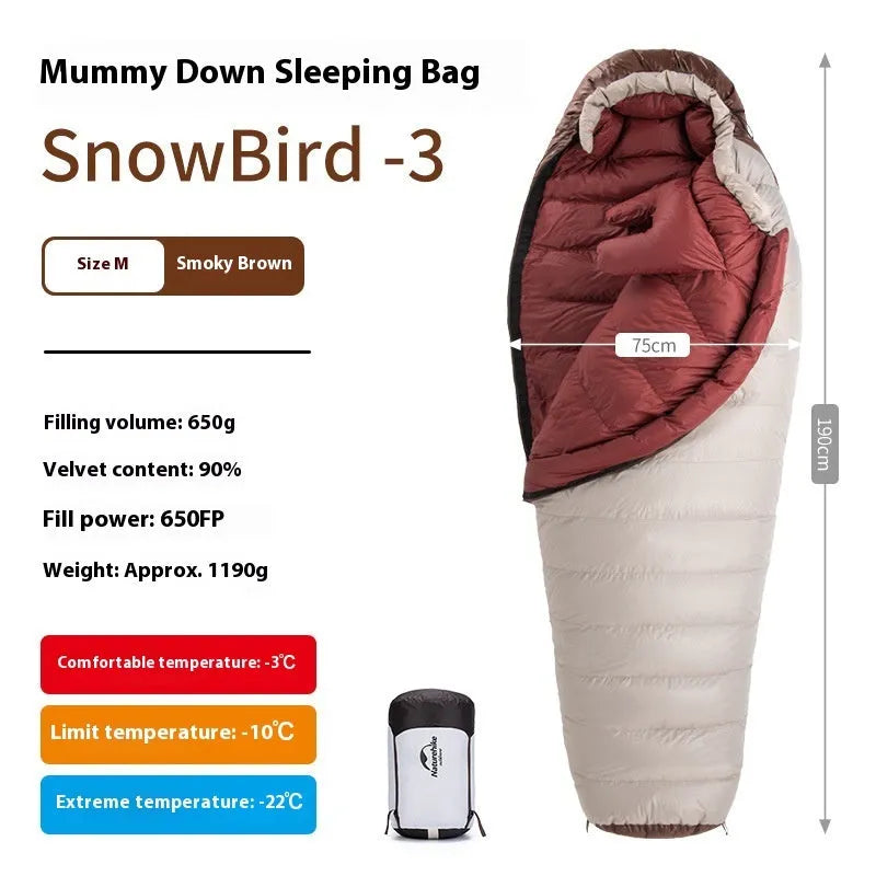 Mummy style goose down sleeping bag with storage bag in various colour options