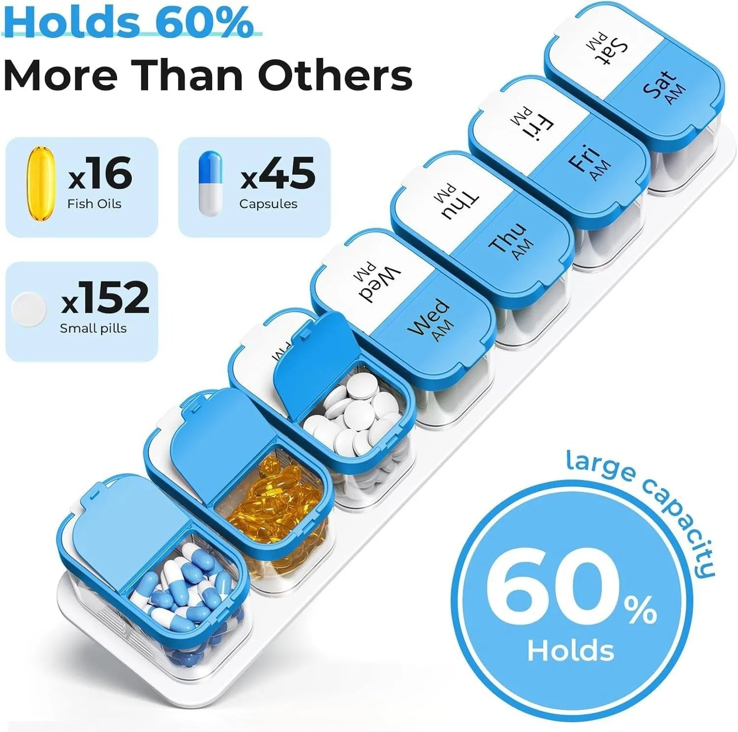 White and rainbow coloured extra large plastic pill organiser box with 14 removable compartments