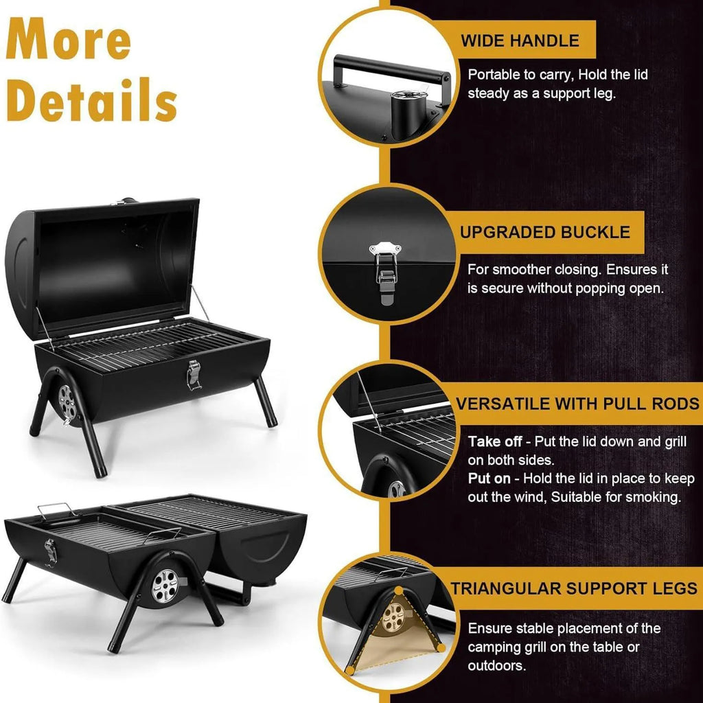 Small folding desktop charcoal barbecue smoking device with compact grill