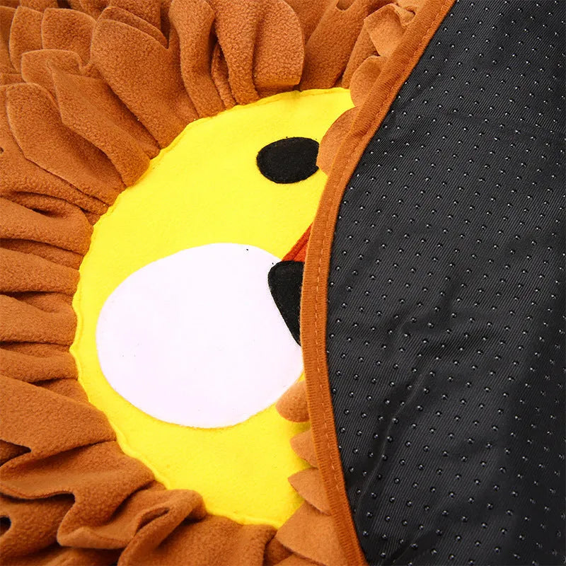 Brown lion pattern snuffle mat for dogs and cats showing fabric folds for food hiding