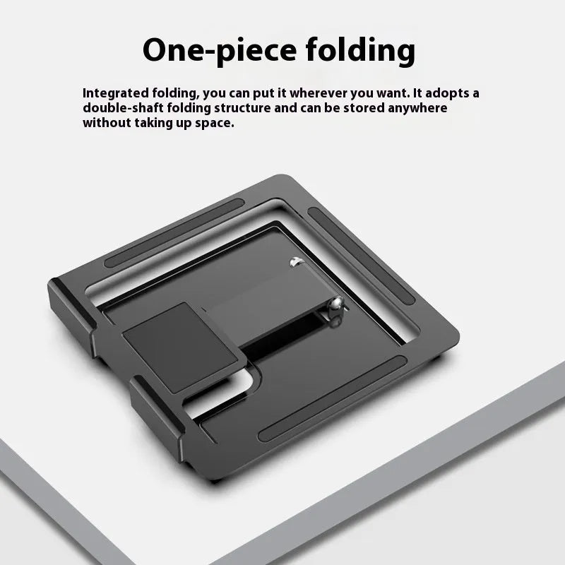 Flat desktop foldable rotating metal bracket for notebook in black alloy finish on desk