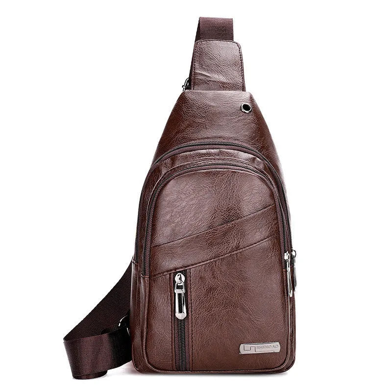 Men's multi-layer waterproof PU crossbody shoulder bag in urban simplicity style, available in black