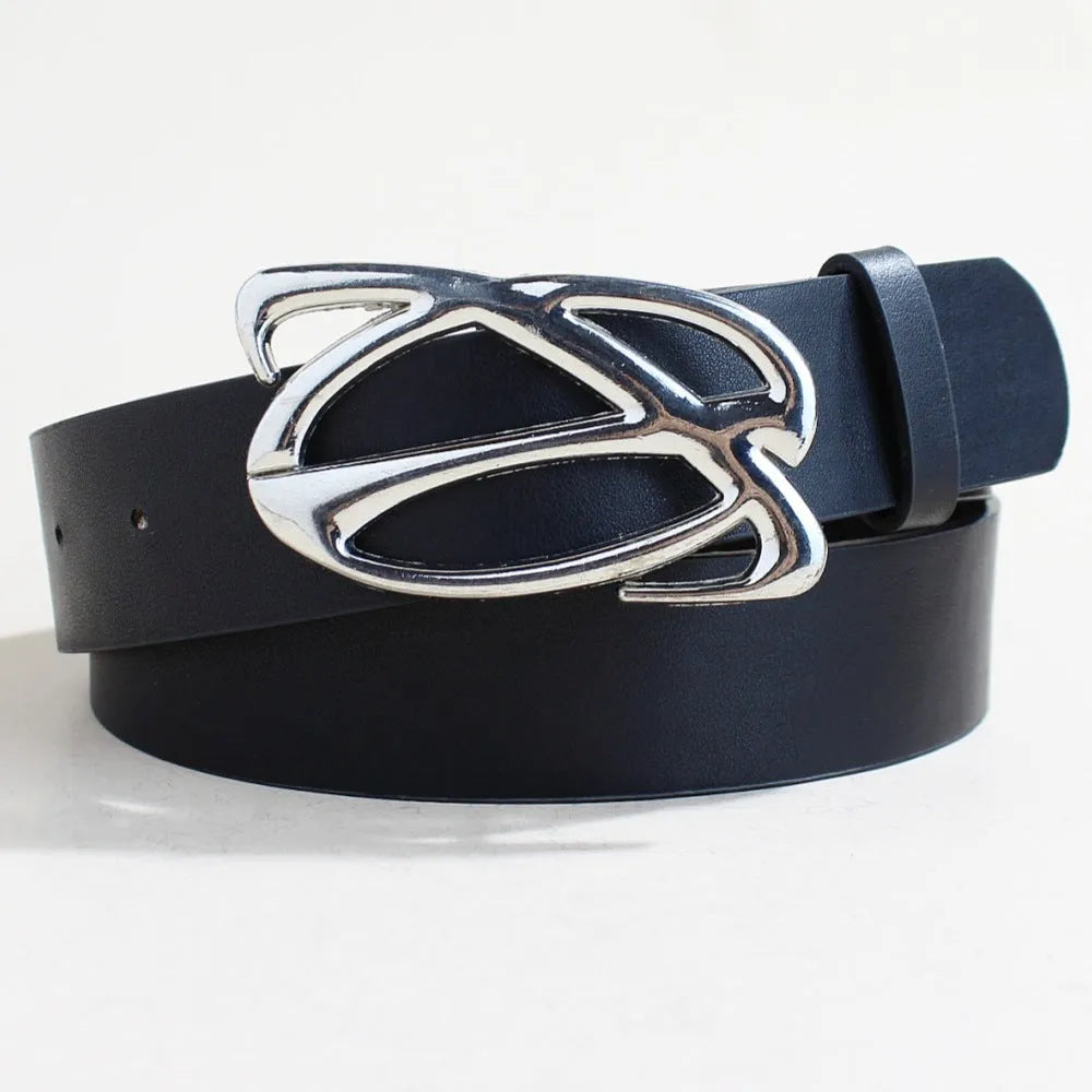 Silver buckle on a 3.3cm wide, 105cm long PU leather casual belt with snap button.