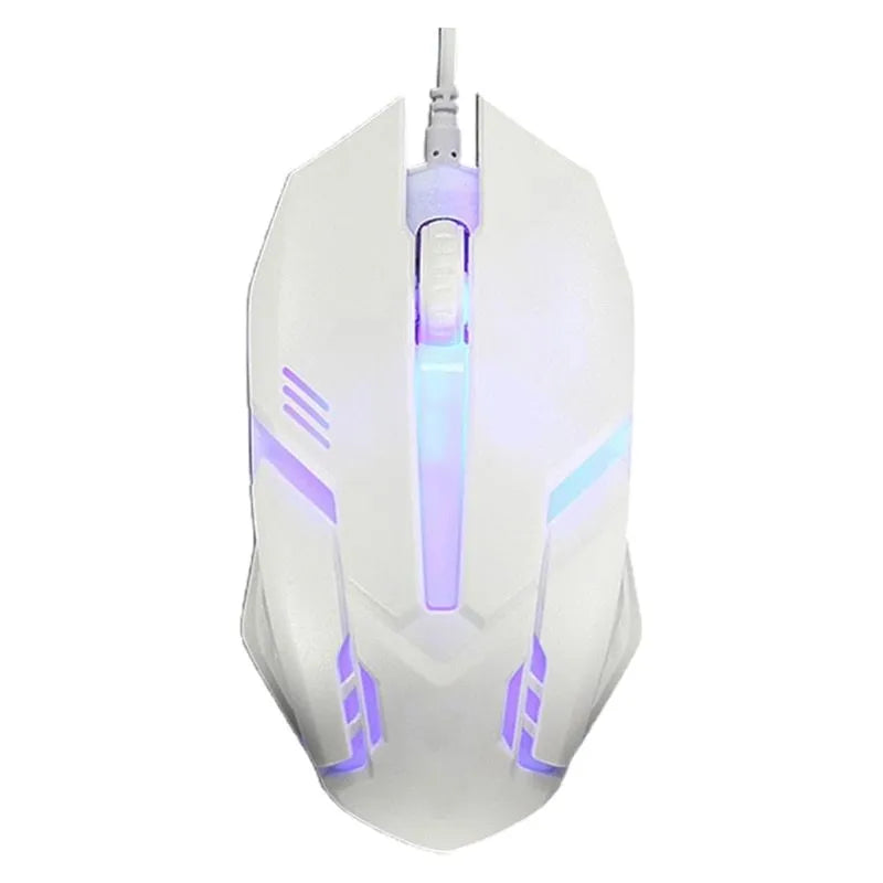 Wired LED computer mouse with glowing effects in black or white, showing 120mm size and USB cable