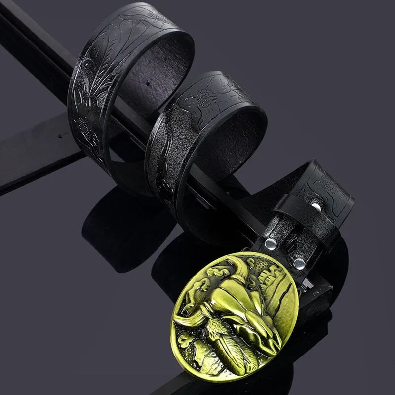 Men's brown imitation leather belt with a detailed metal cow head buckle and pin clasp.
