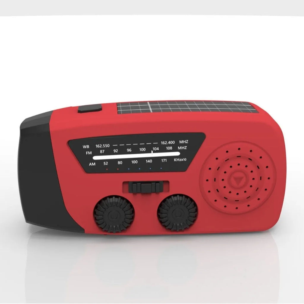 Red emergency hand radio with rechargeable torch showing dimensions and wrist strap