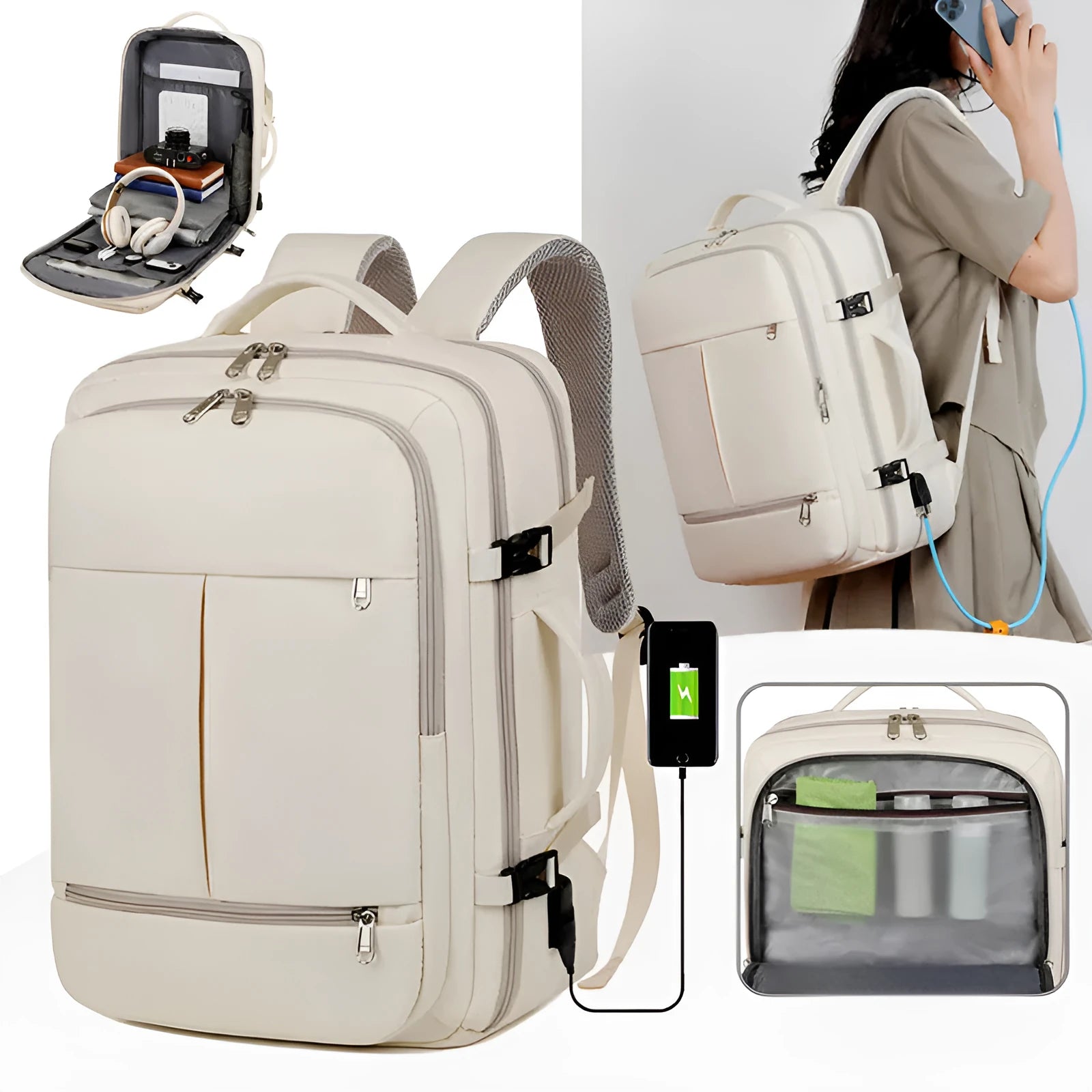 Waterproof Oxford cloth backpack in colour options showing multiple pockets and zippers, sized for a 15.6 inch laptop.