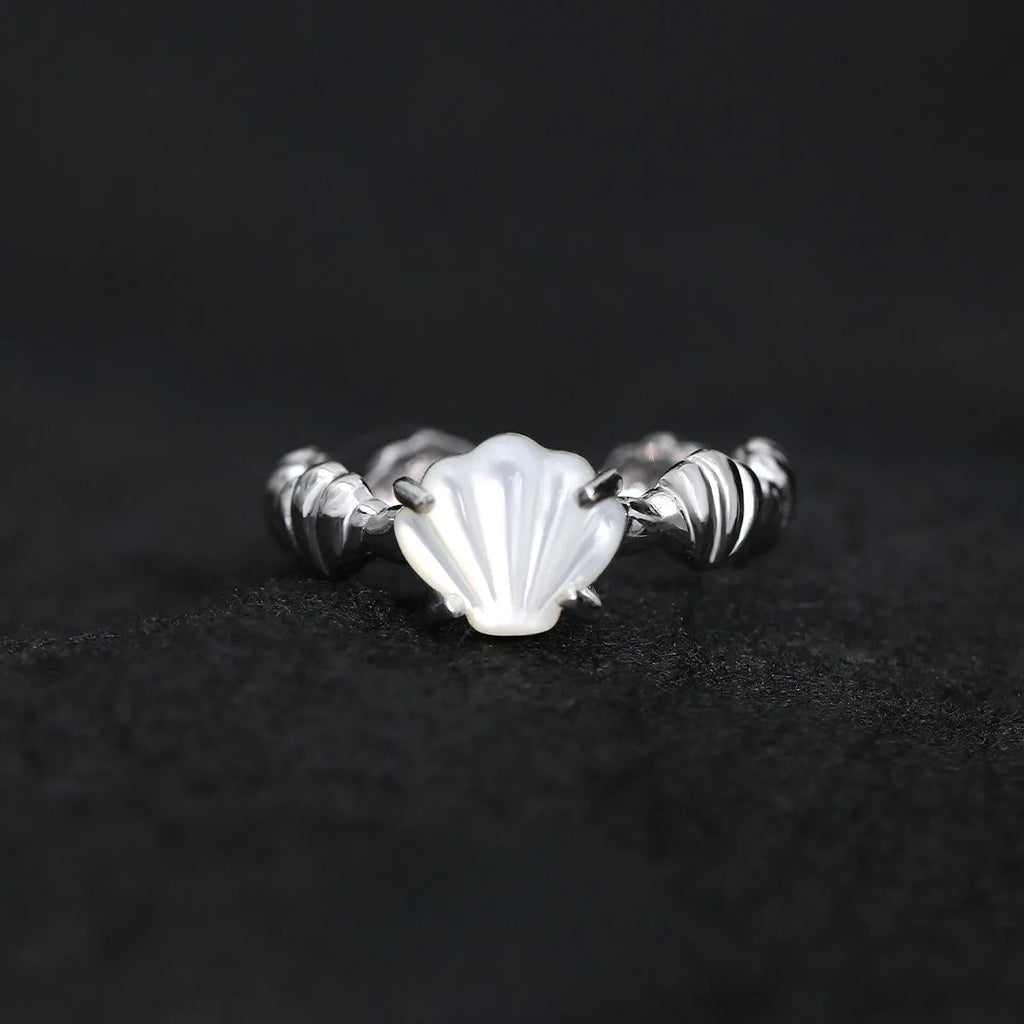 Adjustable silver ring with carved shell tiger eye motif in white gold or 18K gold electroplating