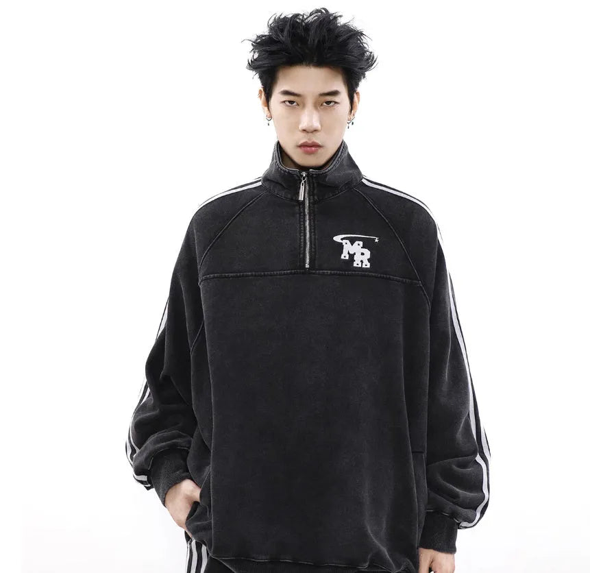 Hong Kong style retro hoodie with stand collar in black top colour showing long sleeve sports jacket design
