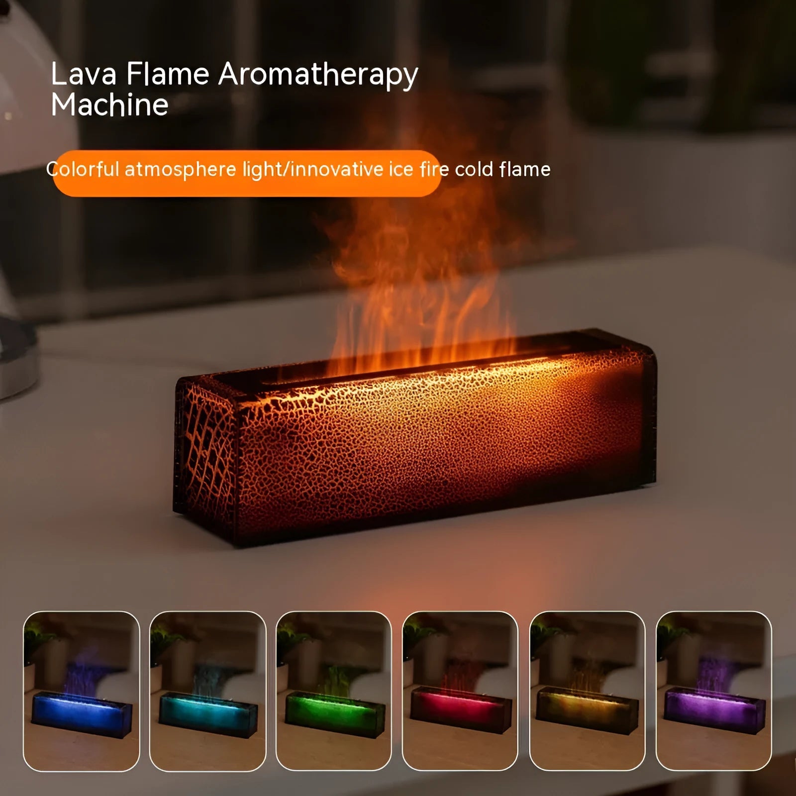 Square black creative lava flame USB desktop humidifier and essential oil diffuser on a desk.