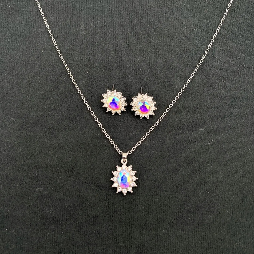 Women's sunflower zircon ear stud necklace suit in blue, red, green, champagne, black or colour options