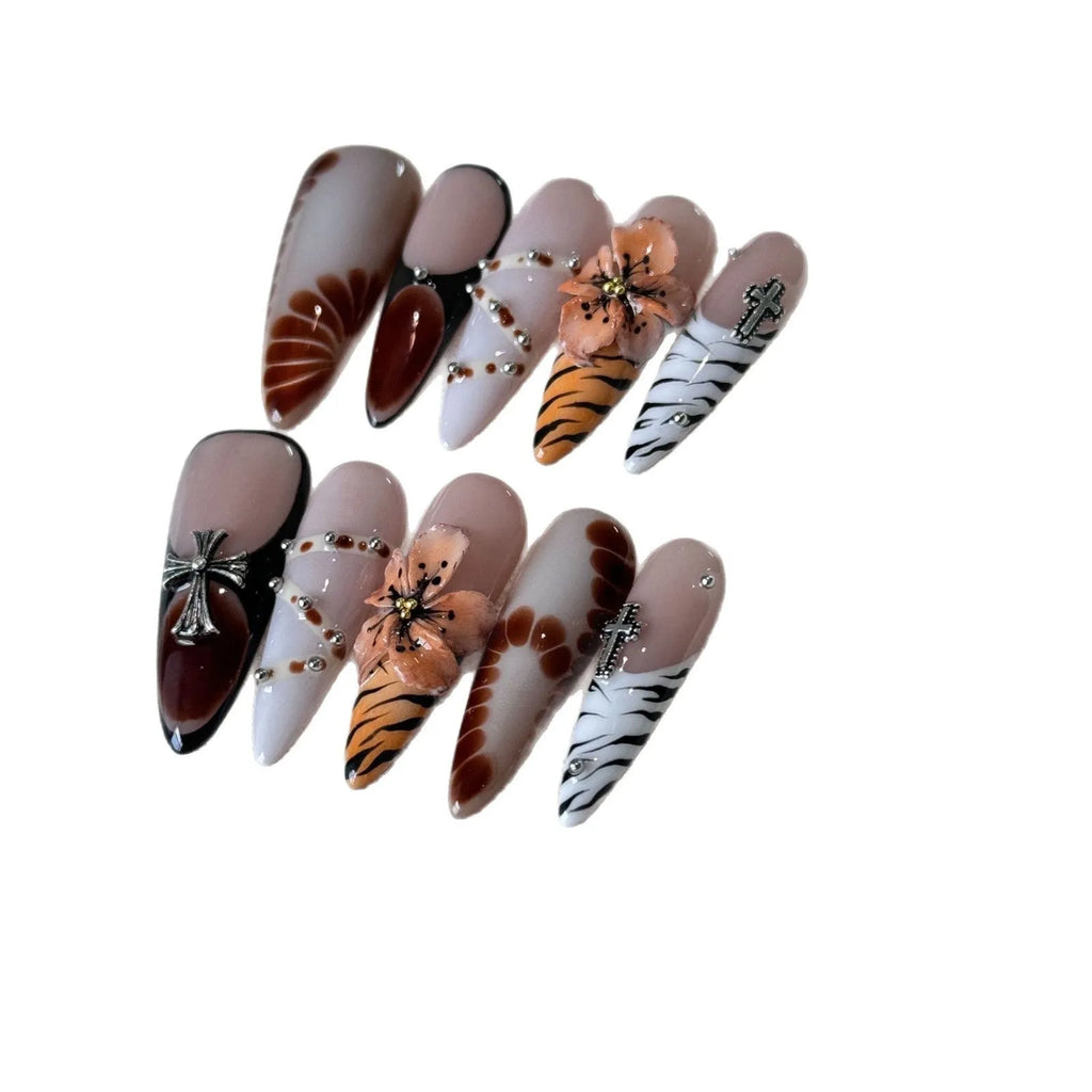 Leopard print press-on nails with cross and flower patterns in four sizes