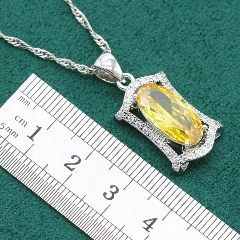 Anti-allergy zircon jewellery set with necklace, earrings, ring and bracelet in yellow or olive colours