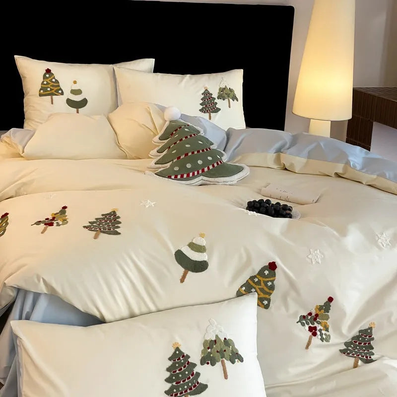 Pure cotton bedding set with embroidered Christmas tree design in plants pattern