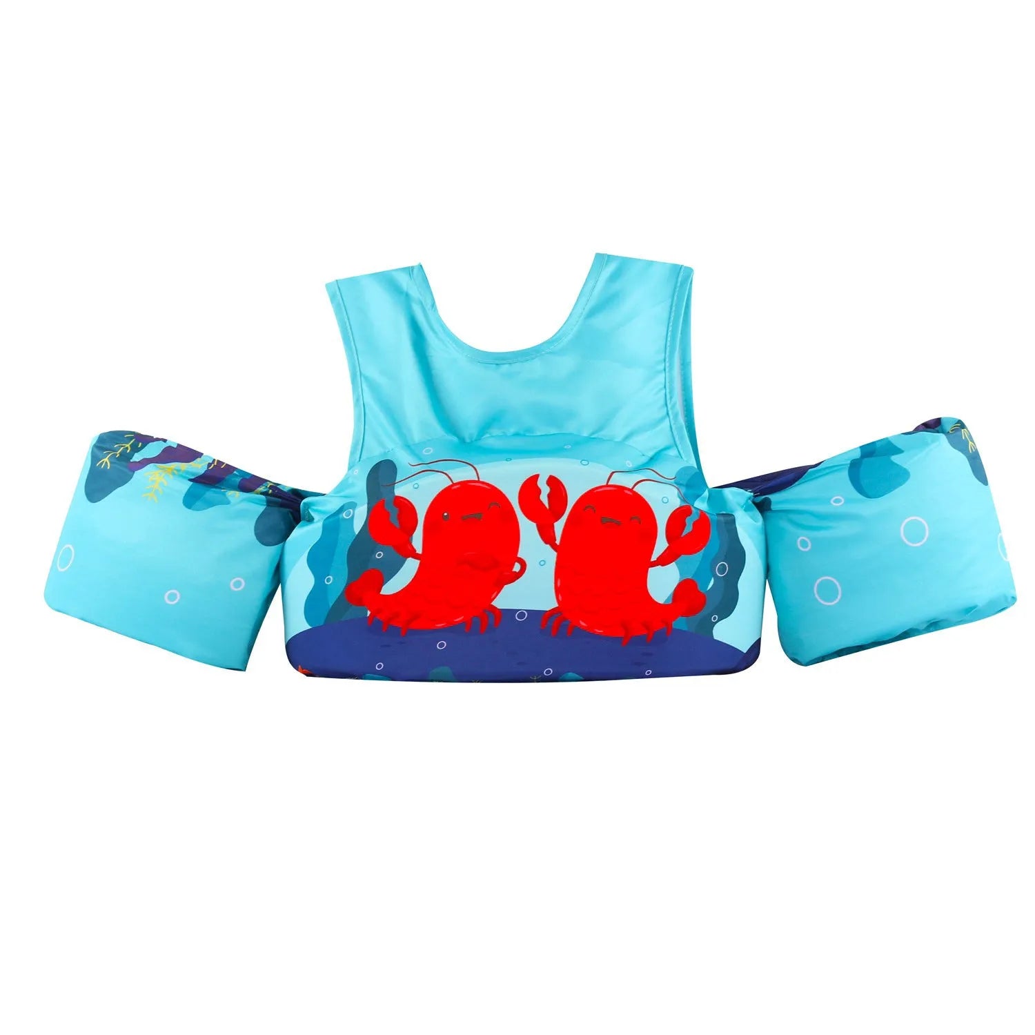 Colourful cartoon children's swimsuit with integrated arm swimming rings in a lobster design.