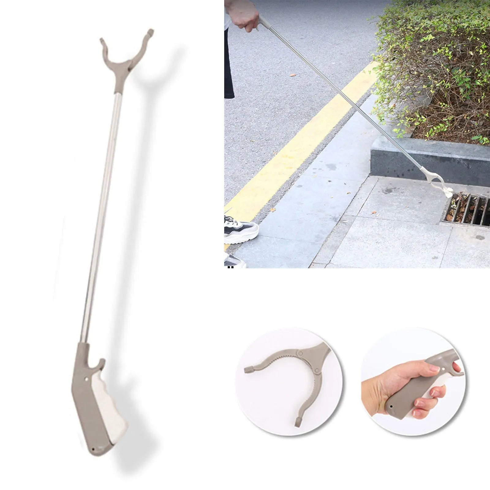 Stainless steel and plastic extended-length sanitation picker pliers with a push-type handle.
