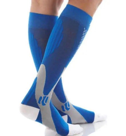 Graduated compression socks in black, shown with size guide for S/M, L/XL, and XXL.