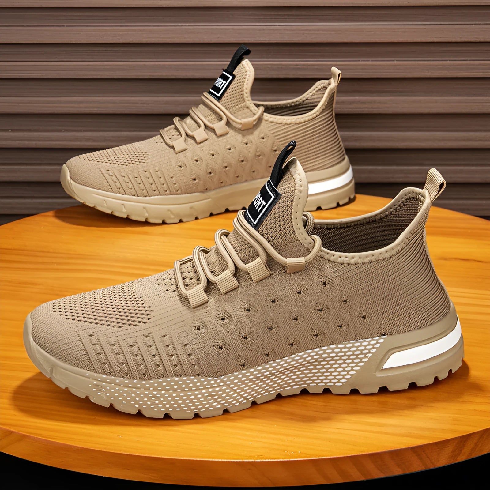 Men's mesh casual shoes in army green colour showing solid colour design and casual styling