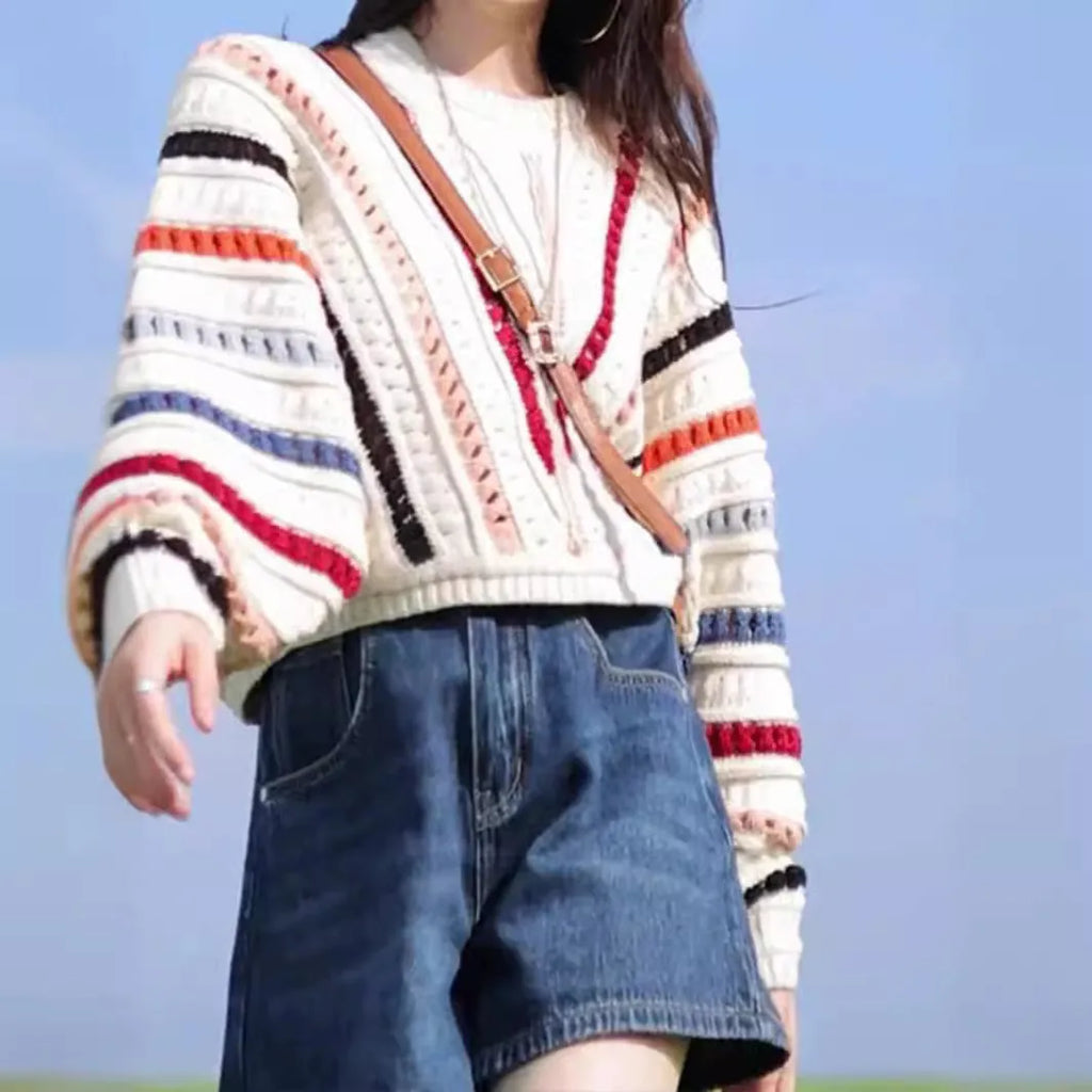 Rainbow striped hollow knit jumper with batwing sleeves and round neck