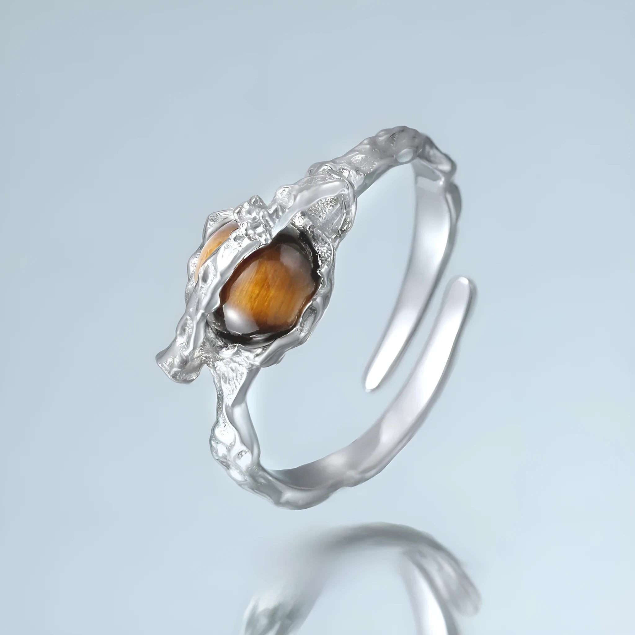 Silver Saturn tigereye open ring with adjustable opening, electroplated white gold colour finish