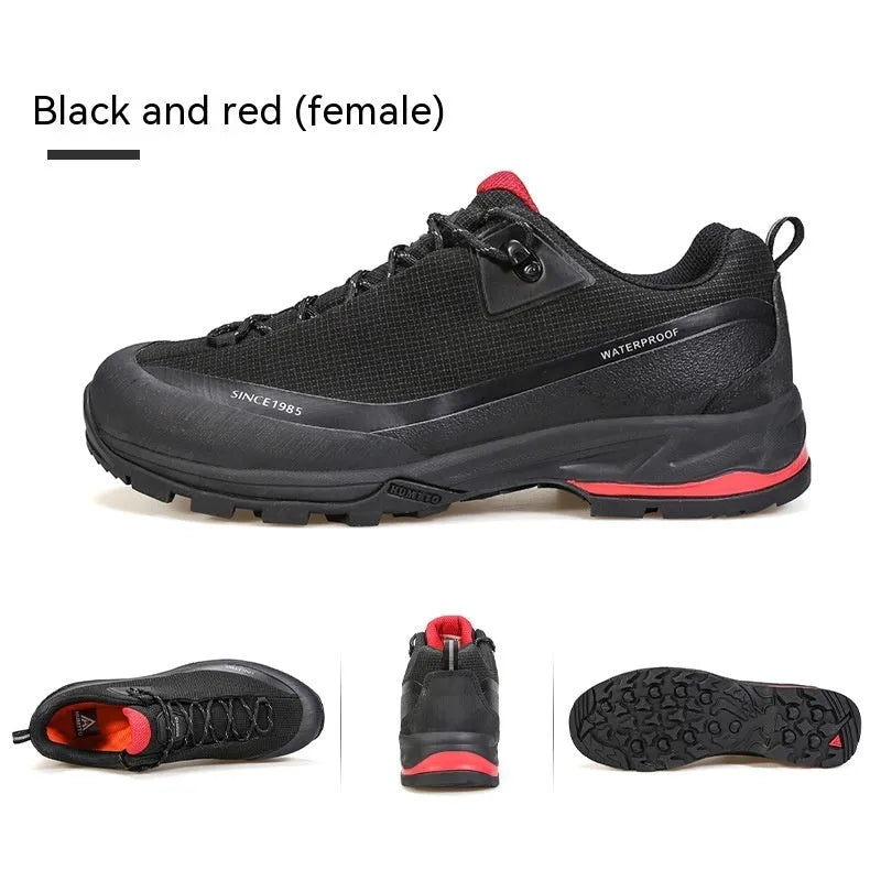 Men's low-top mountain climbing shoes with leather mesh upper and non-slip rubber outsole in black colour